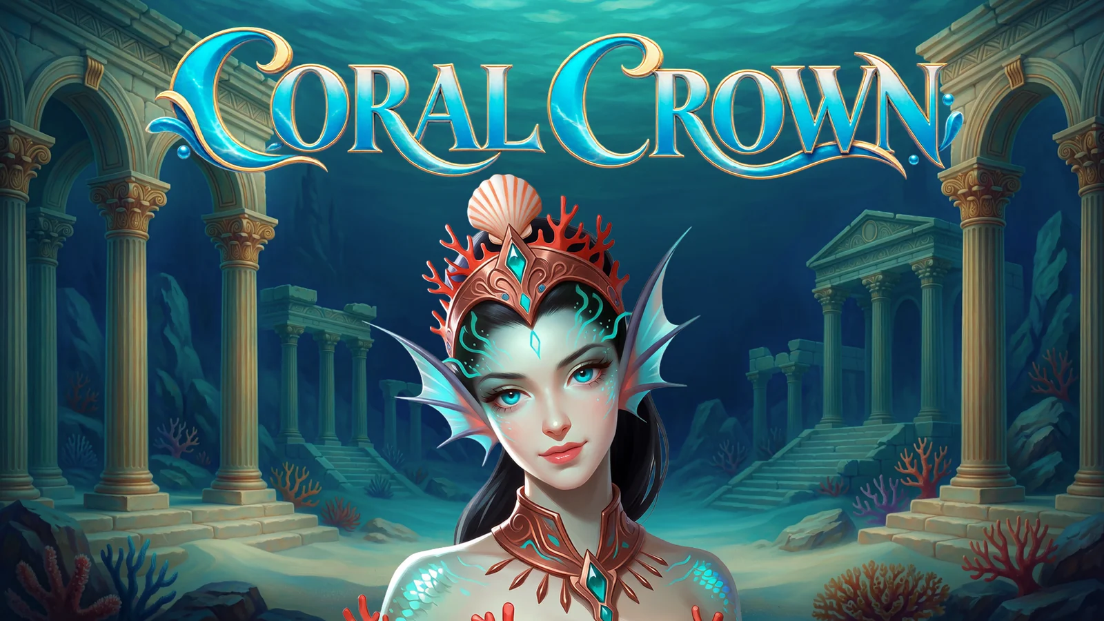 Key art for The Coral Crown: a crowned mermaid among sunken columns.