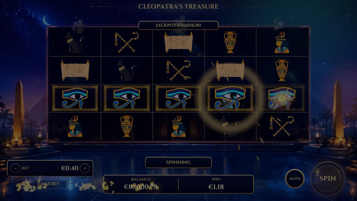 Five matching symbols lit across a payline while the win amount counts up.